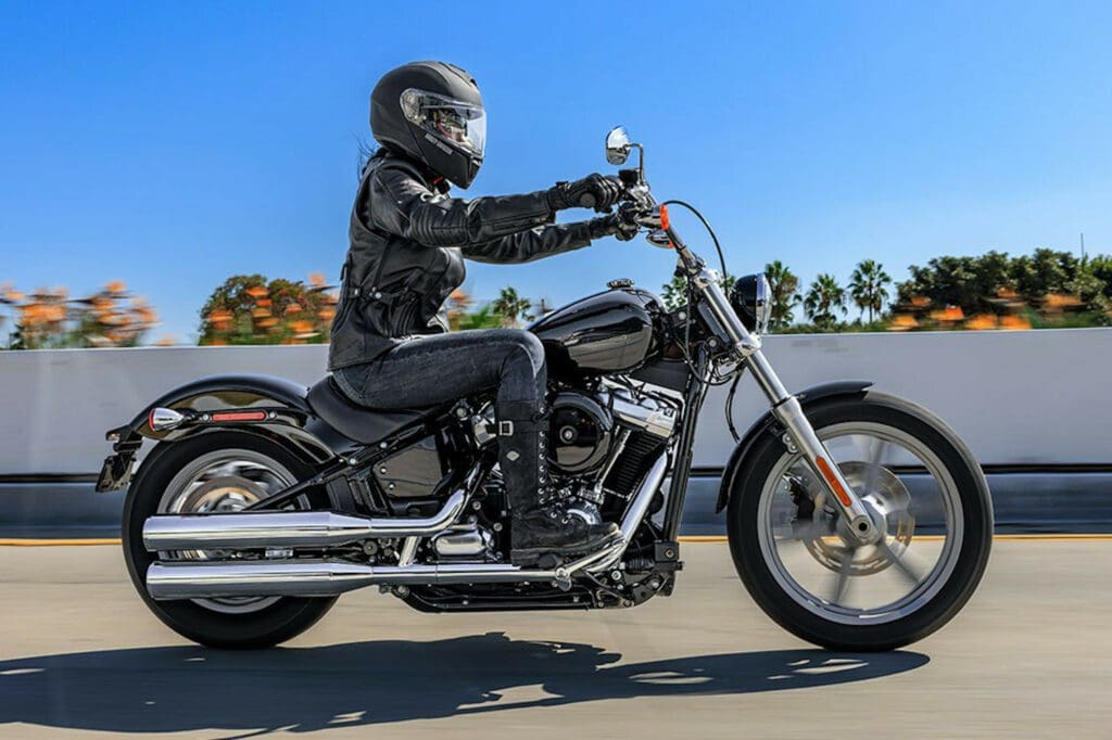 A view of a female Harley-Davidson motorcyclist. Media sourced from Harley. 