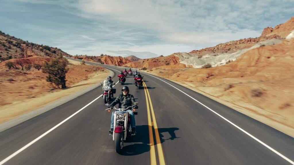 A view of Harley motorcyclists. Media sourced from Reuters.