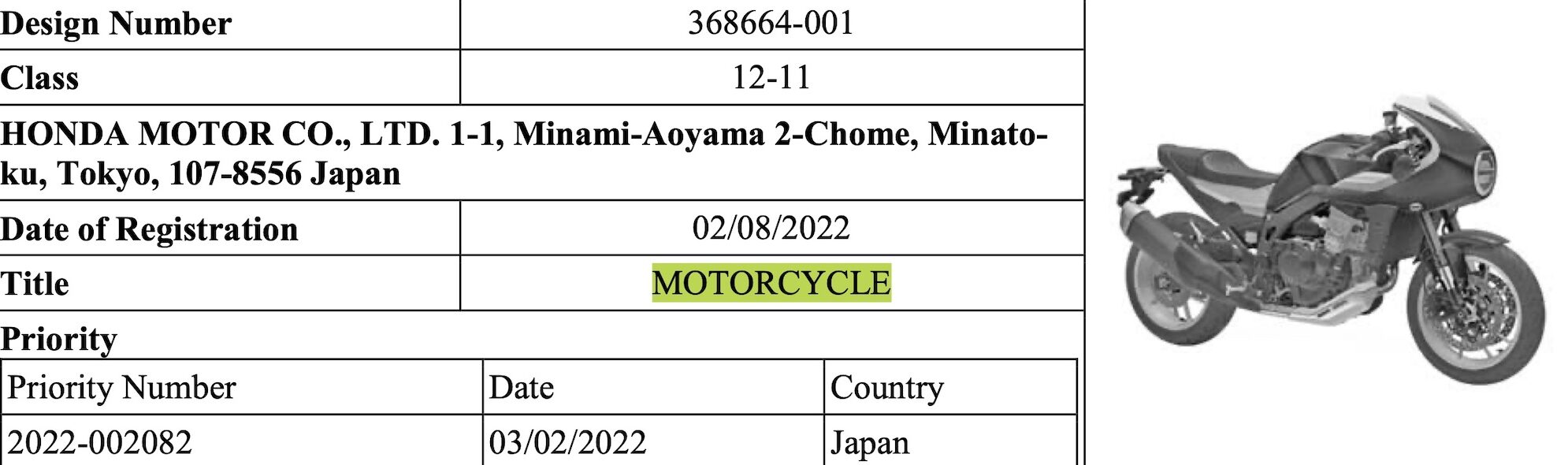 A patent application design filed publicly in the IP India Patent and Design Journal on Dec 9 of 2022, showing Honda's Hawk 11 is set for Japan. Media sourced from the IP India Patent and Design Journal.