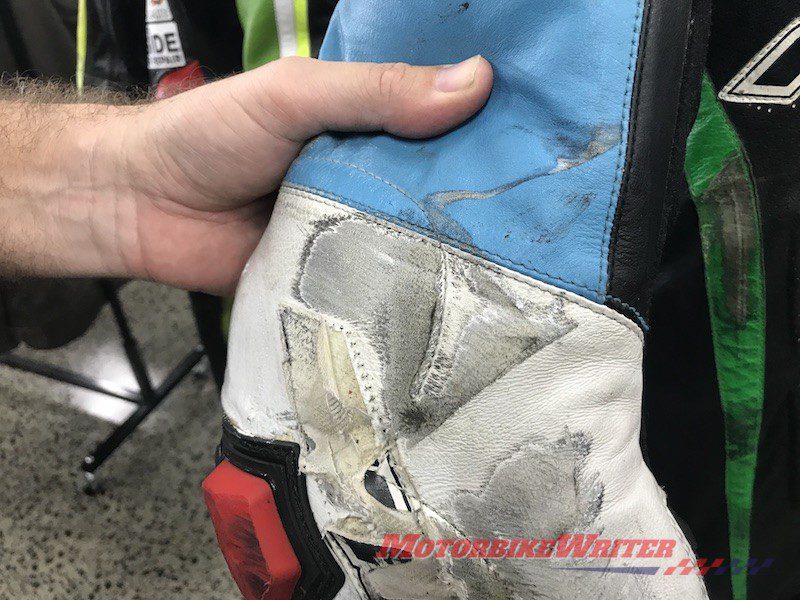 Ricondi leather racing suit with blind seams survives crash - what to look for