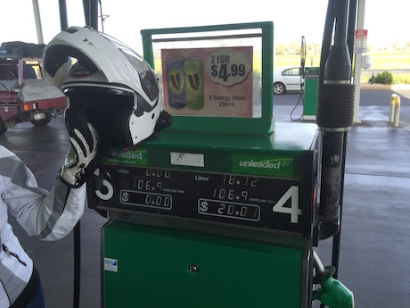 Nowhere to place your helmet on the top of the bowser at a service station