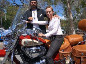 Camelia and Johnny Birdacel with their two-tone Indian Chief Indian Motorcycle 