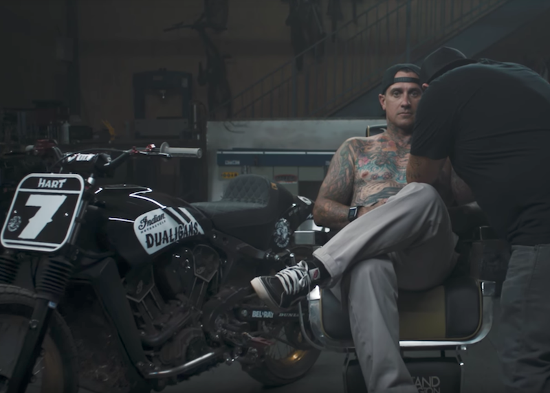 Carey Hart's Hooligan flat track Scout burnout used to make Indian Motorcycle tattoo ink