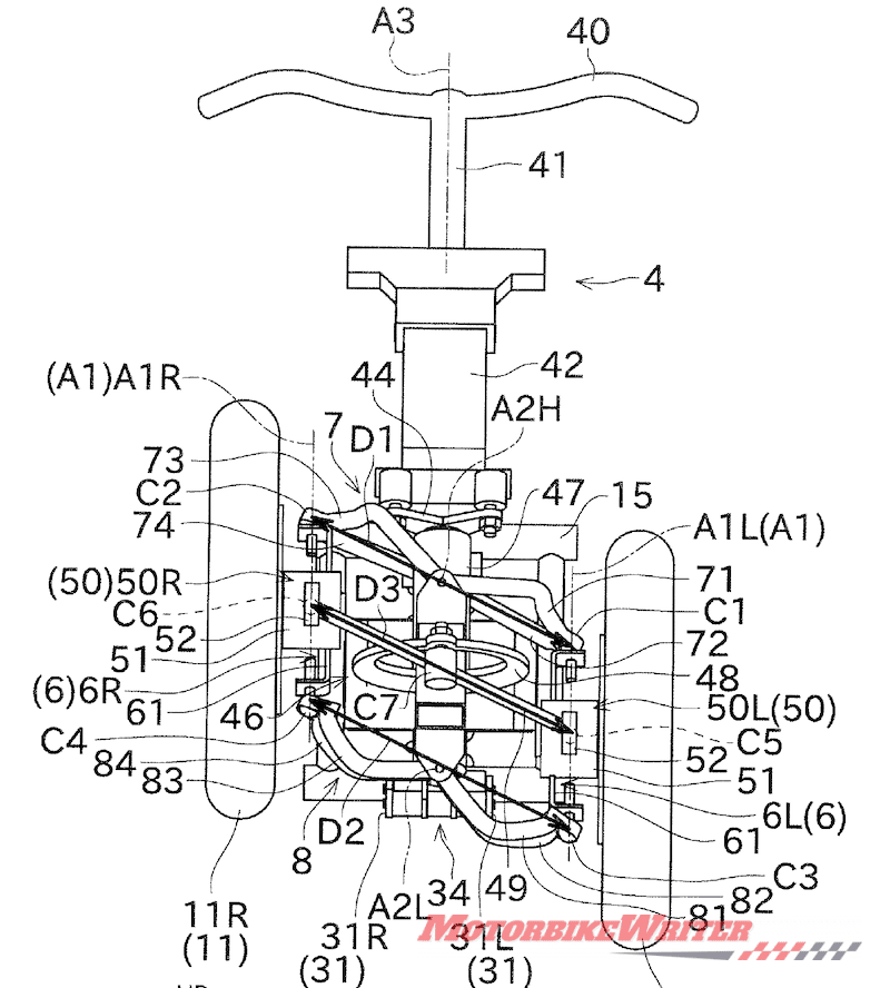 Kawasaki leaning three-wheeler patent drawing