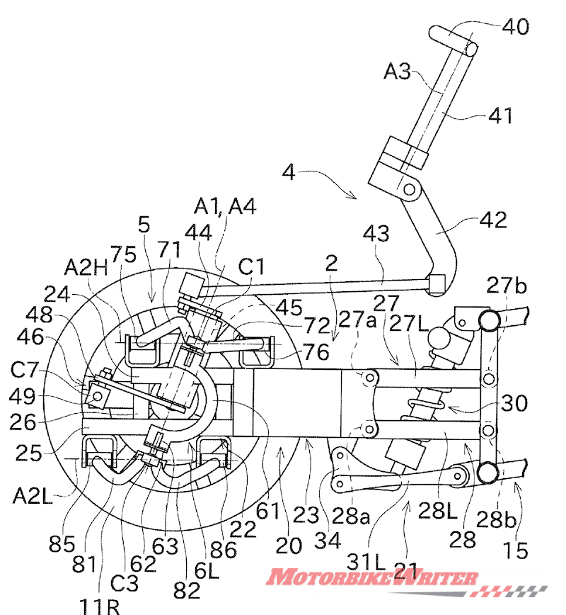 Kawasaki leaning three-wheeler patent drawing