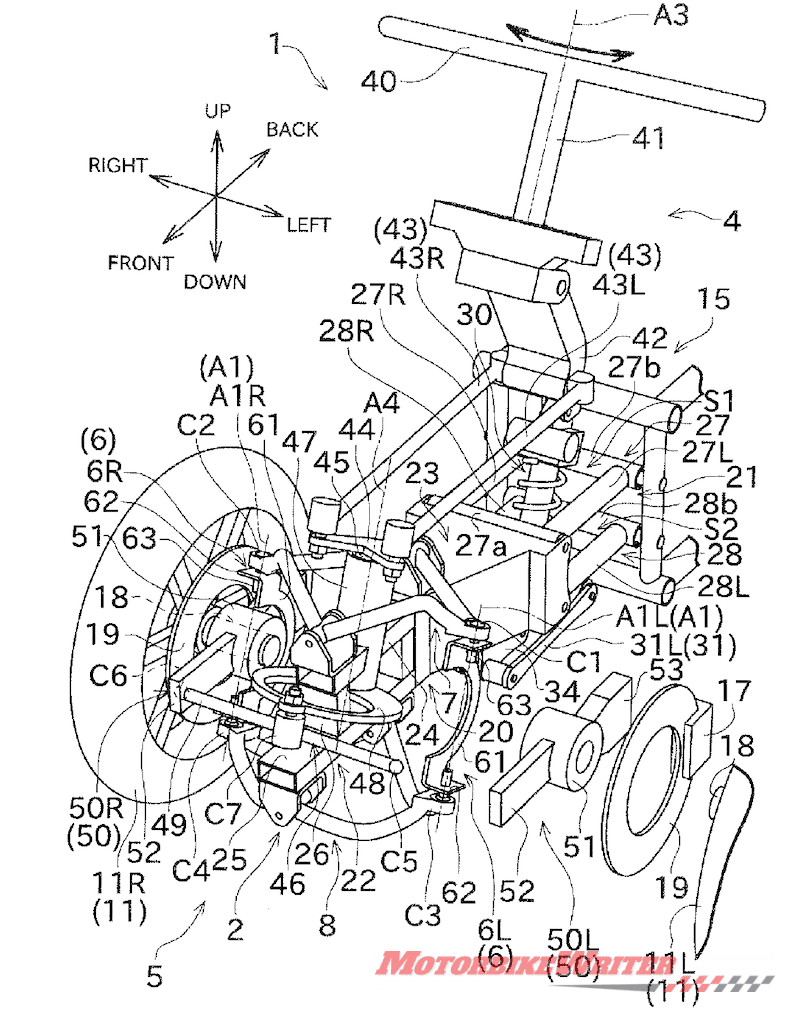 Kawasaki leaning three-wheeler patent drawing