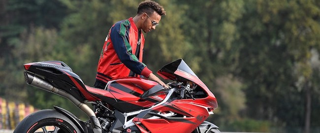 Lewis Hamilton with the MV Agusta F4 LH44