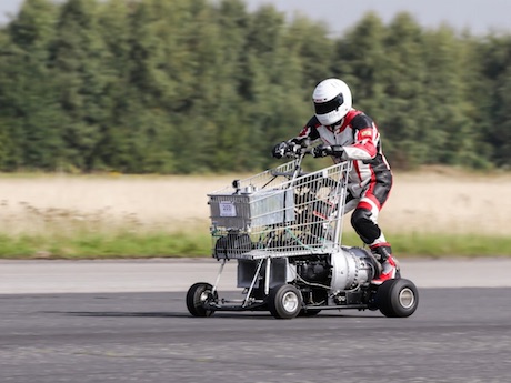 Matt McKeown (Plymouth) on his jet powered shopping trolley set an unofficial world record of 61.18mph (photo Steve McDonald) wheelie