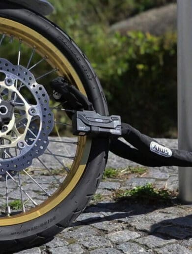 A motorcycle lock. Media sourced from HiConsumption.
