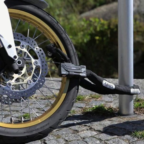 A motorcycle lock. Media sourced from HiConsumption.