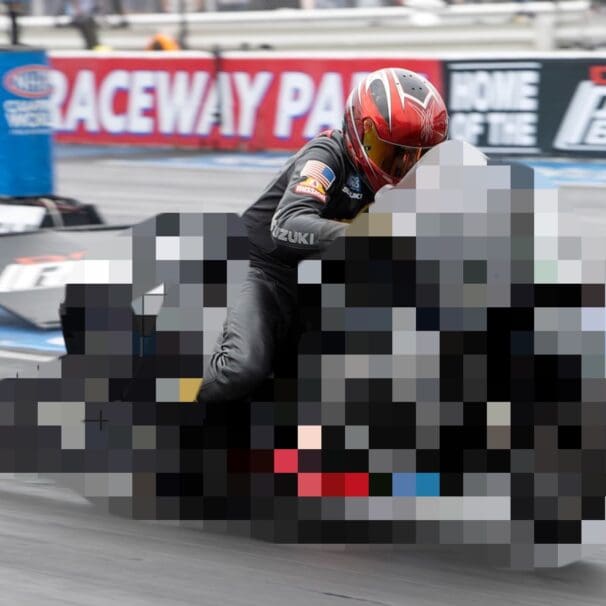 The Vance & Hines/Mission/Suzuki NHRA Pro Stock Hayabusa. Media sourced from Suzuki Cycles.