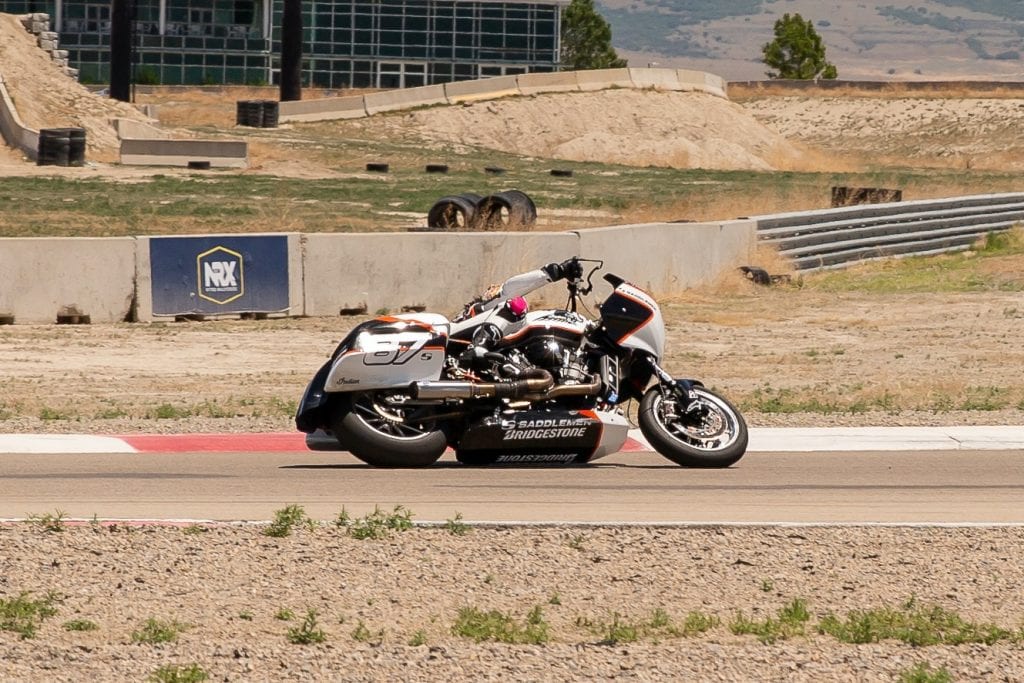 A view of Patricia Fernandez trying out the Indian Bagger for the Bagger Racing League