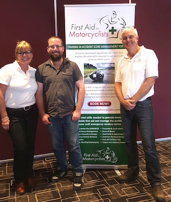 Ricky Muir (centre) with First Aid for Motorcyclists course providers Tracy Hughes and Roger Fance