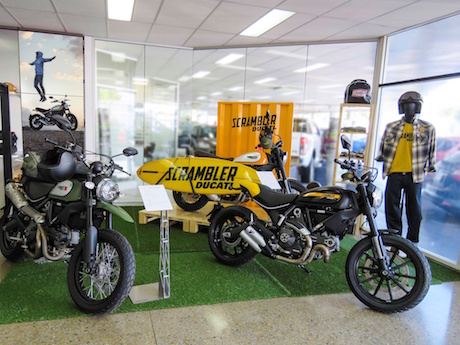 Ducati Scrambler display at Motolife Townsville - surfboard