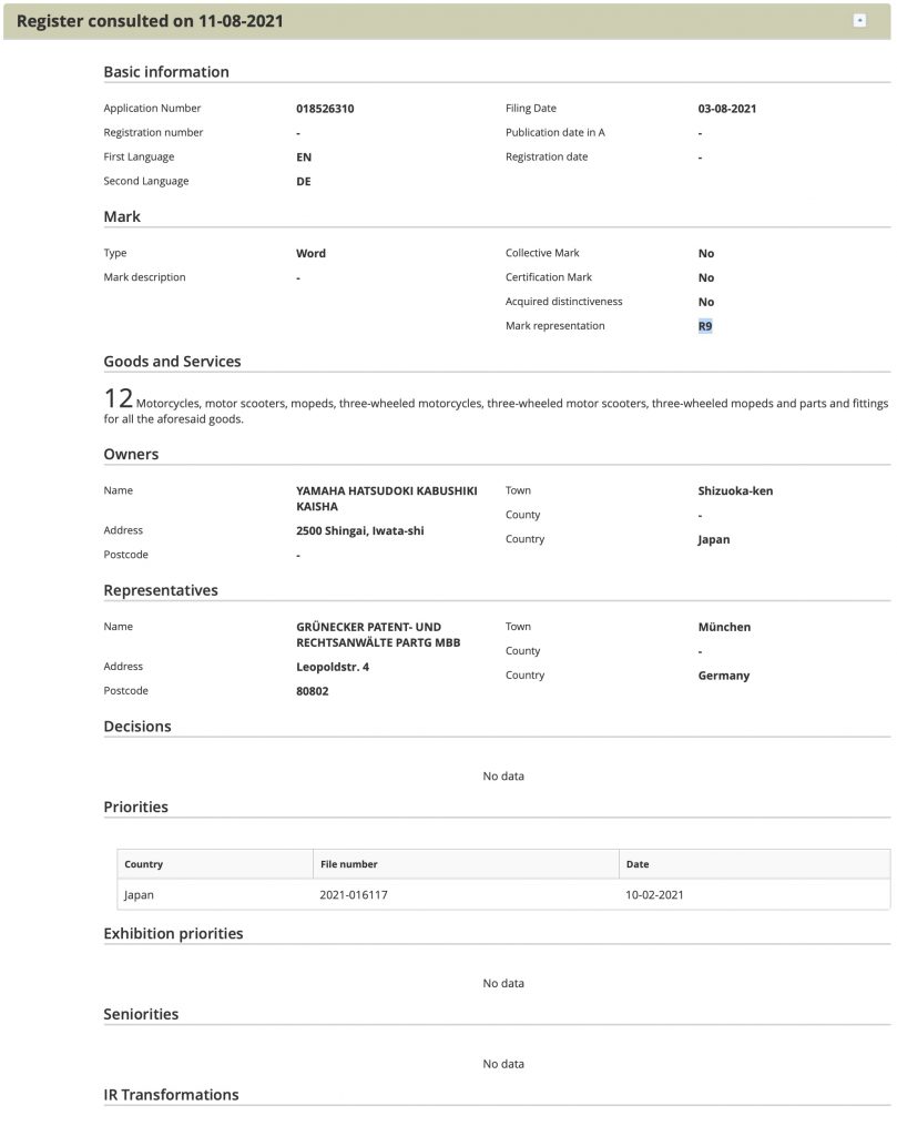 a view of the trademark pending from Yamaha that shows an R9 patent