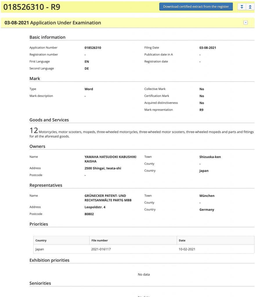 a view of the trademark pending from Yamaha that shows an R9 patent