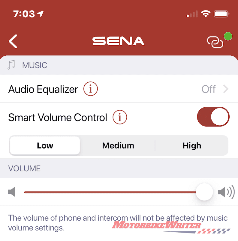 Sena app volume control