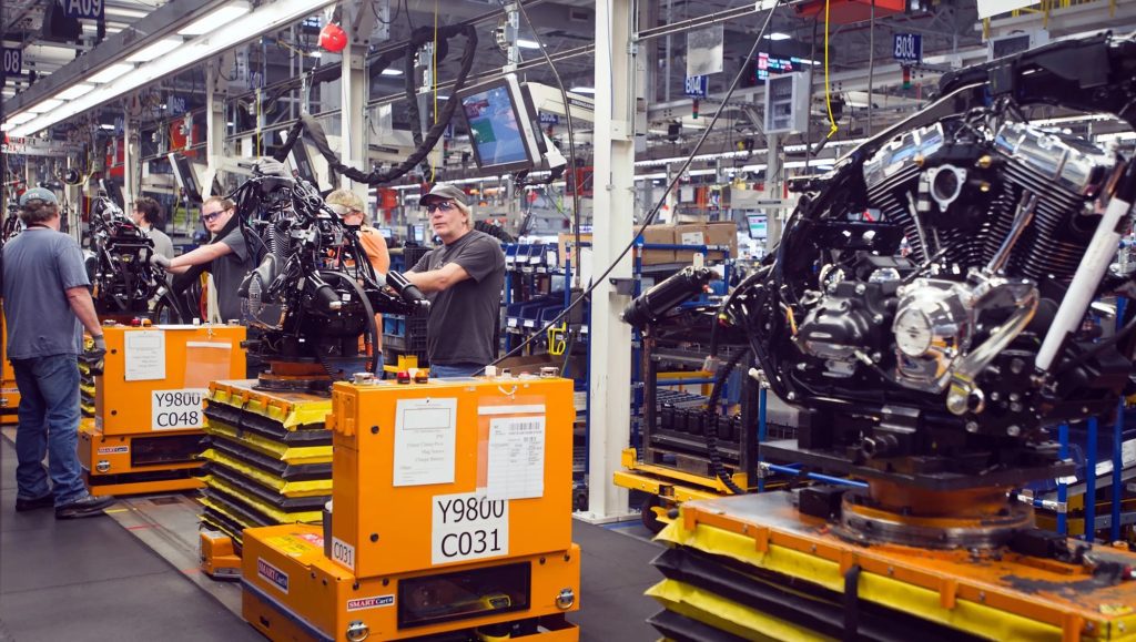 workers in assembly at a Harley-Davidson factory. Photo courtesy of USA Today.