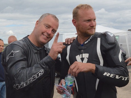 Garry Rothwell, Liverpool 2015 winner & Egbert van Popta, Holland 2016 winner of Motorcycle Wheelie World Championship with a 213mph wheelie Elvington, Nrh Yorks 21 Aug. (photo Worldreach)