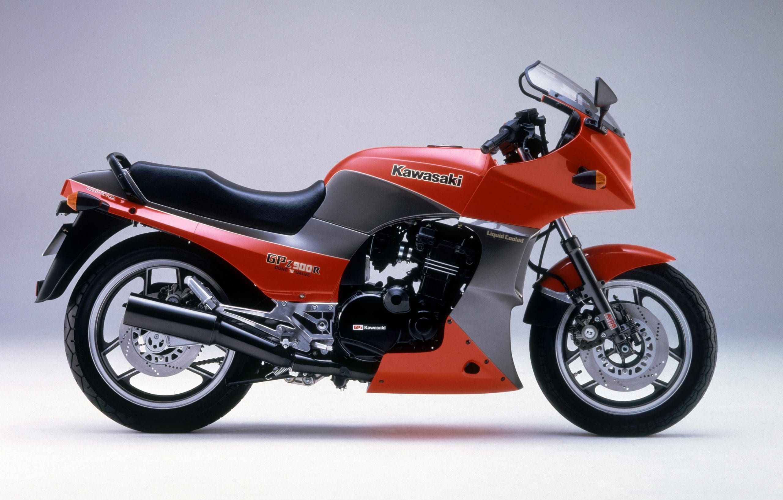 Studio shot of Kawasaki GPZ900R motorcycle from the 1980s