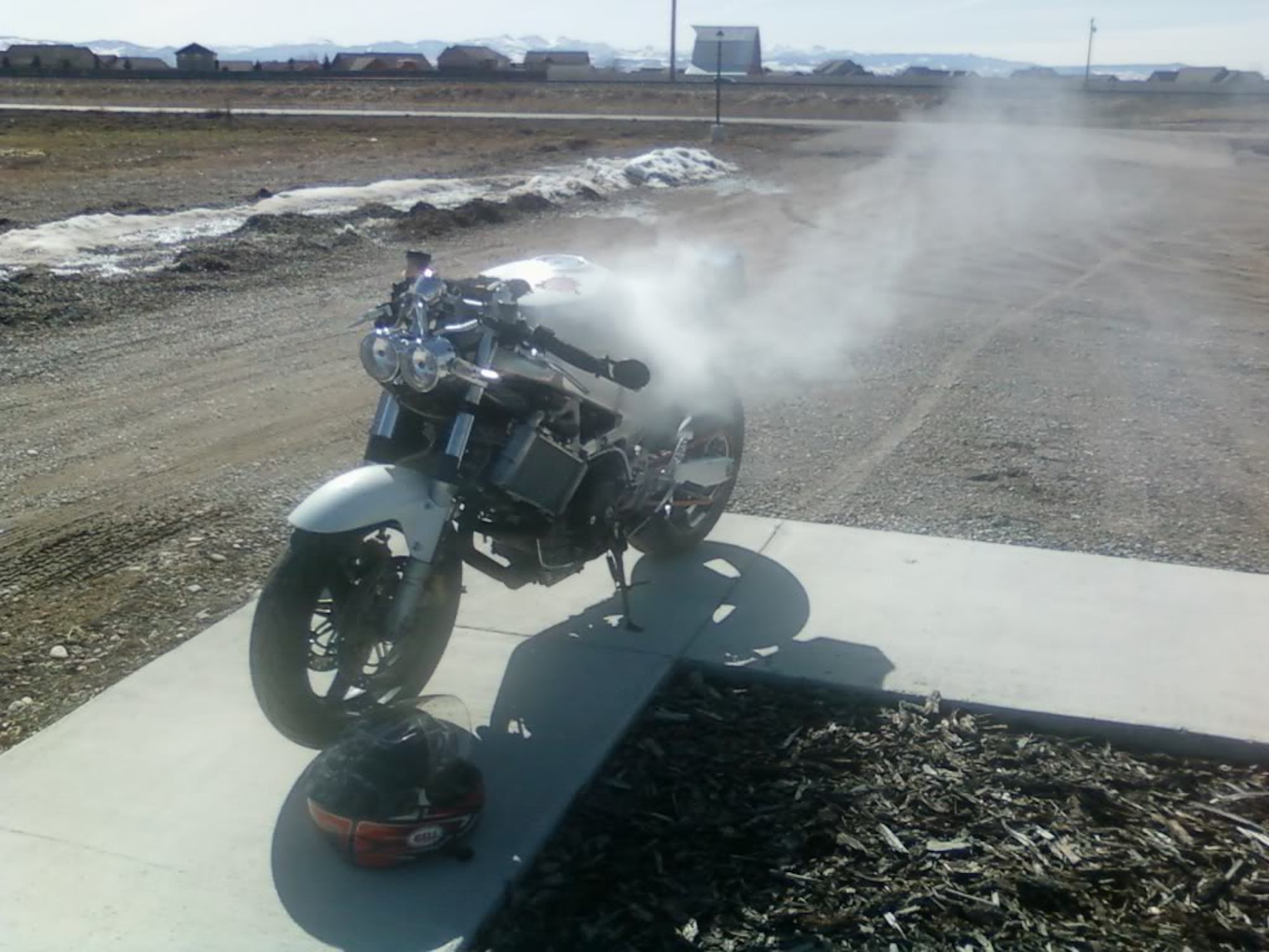 A smoking motorcycle... better leave the thing alone. Media sourced from Thumper Talk.