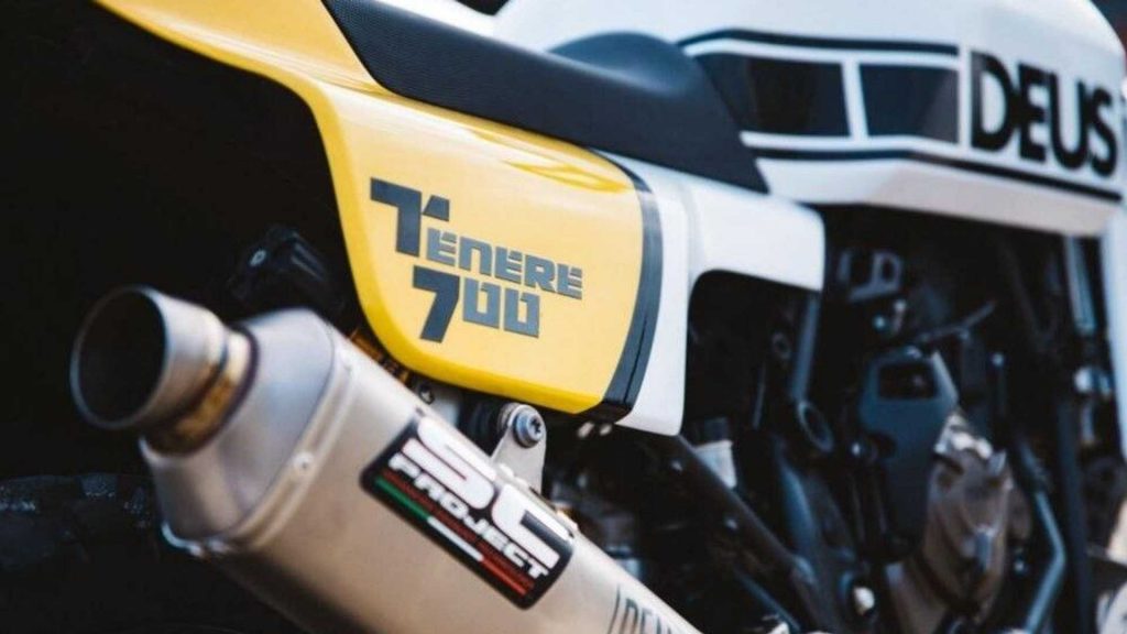 A close-up of the custom SC project exhaust on the custom Yamaha Ténéré 700, created by Deus Italia