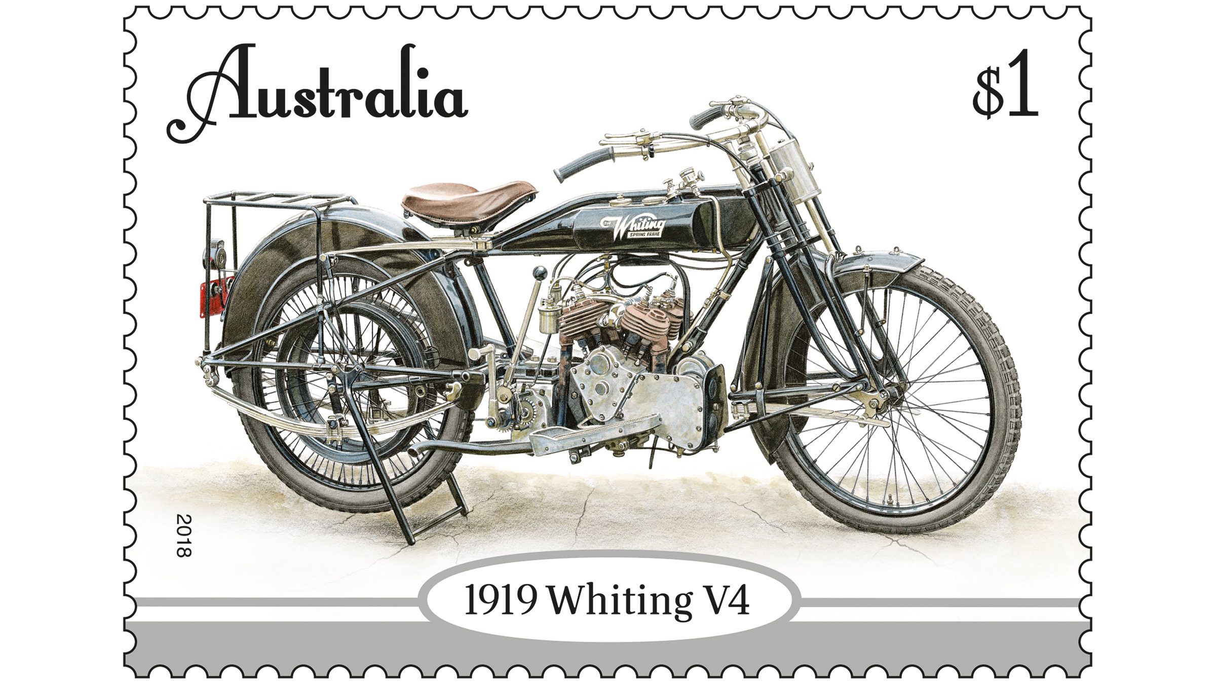 An Australia Post commemorative stamp showing the 1919 Whiting 685cc V4 motorcycle