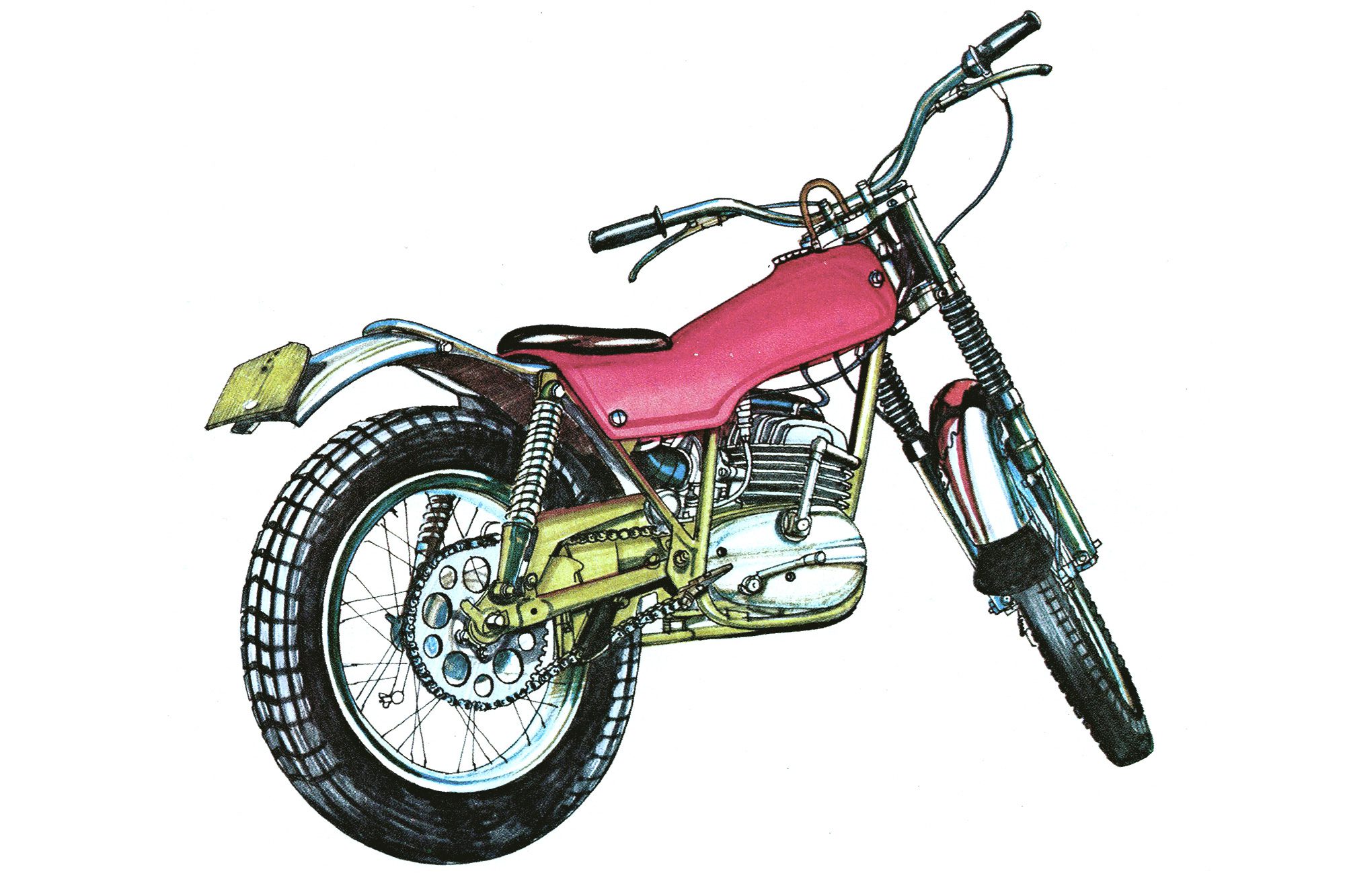 An illustration of a 1970s pink sporting trials motorcycle