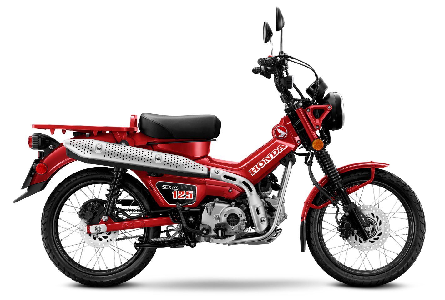 A new 2020 Honda CT125 'Postie' bike in a studio