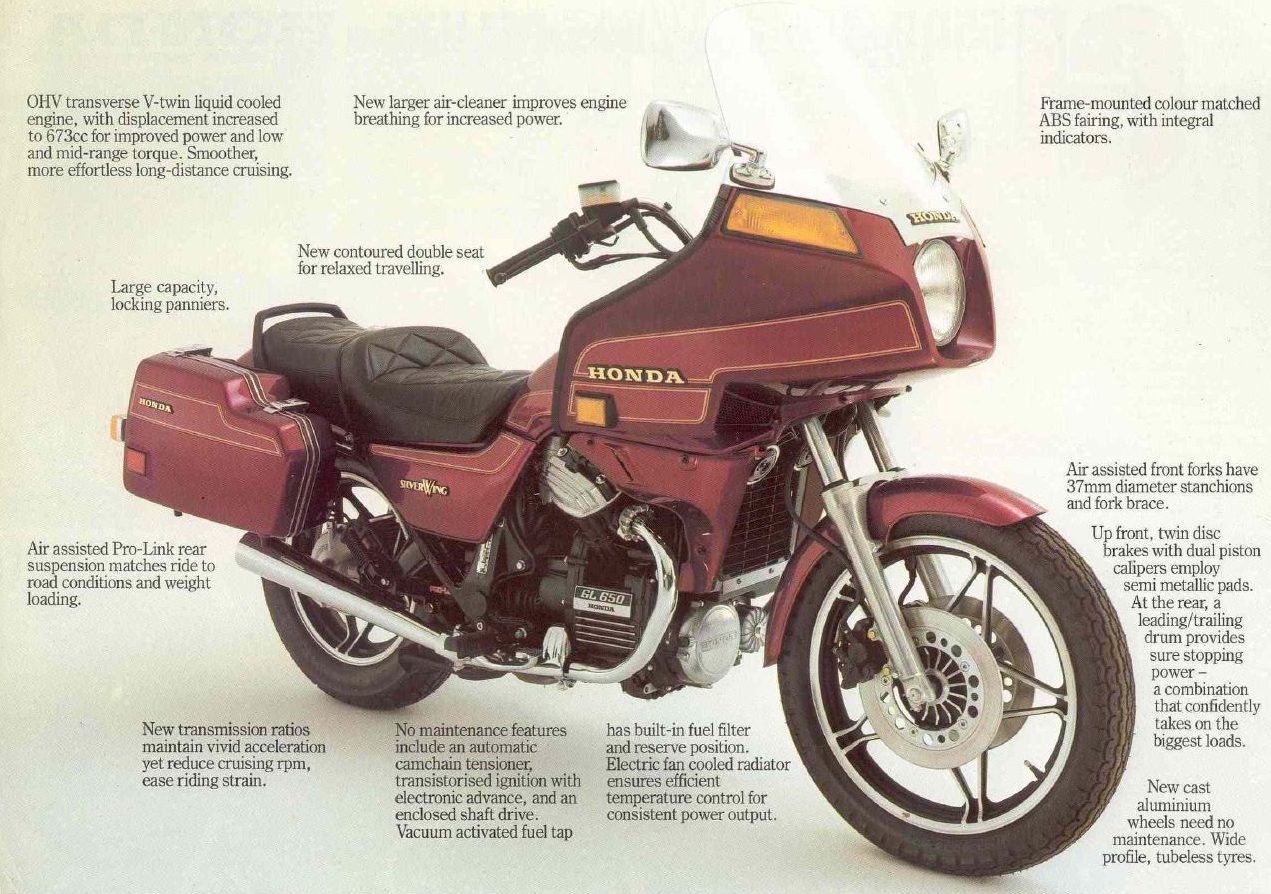 An American magazine ad from the early 80s showing the features of Honda's GL650 motorcycle