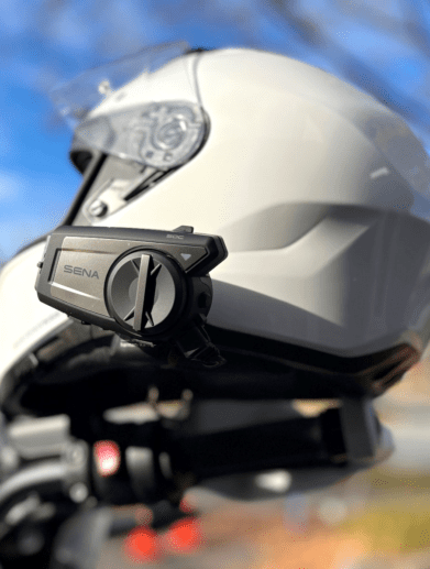 Sena 50C mounted on motorcycle helmet