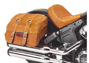 Indian Scout with brown leather saddlebags and pillions leather seat