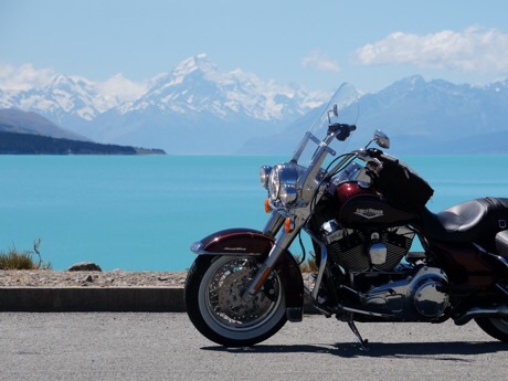 Harley, Lake Pukaki and Mt Cook travel insurance long tour rewards