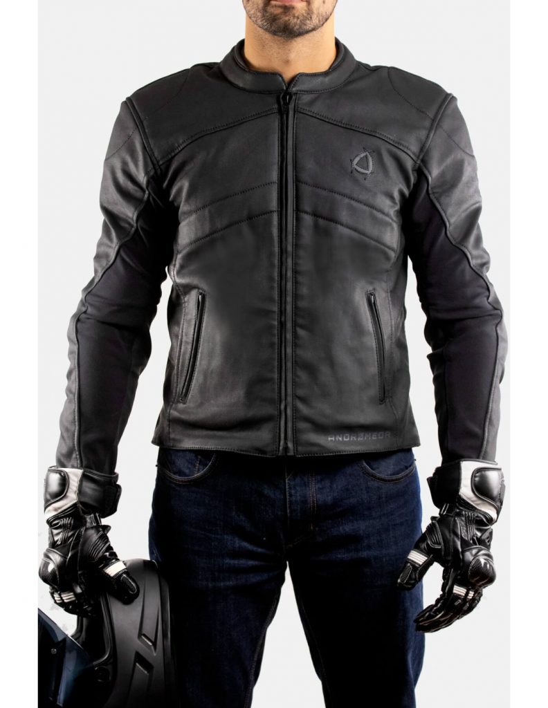 A frontal view of the new Neowise vegan leather motorcycle jacket from Andromeda Moto