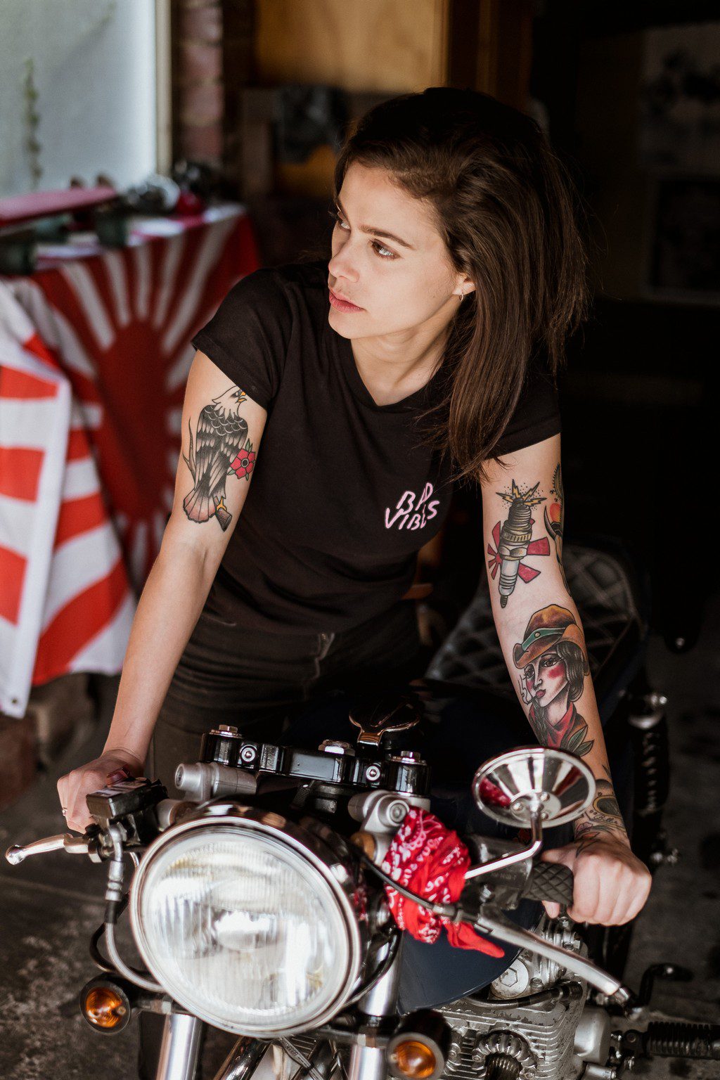 Katie Adbilla on her 1976 Honda CB400F in Tasmania