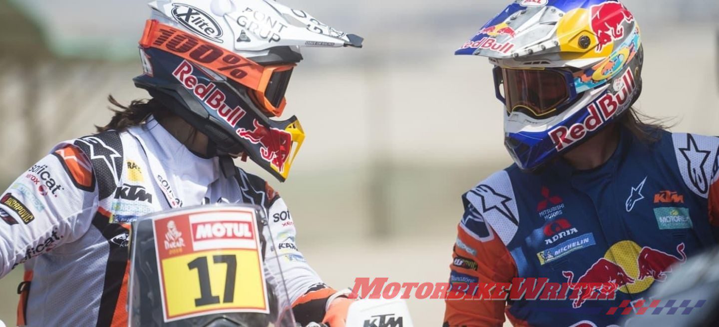 Australia’s first Dakar Rally winner Toby Price is first overall after stage 8, zeroing in on a kiss with KTM Factory teammate Laia Sainz but risking the loss of his mullet.