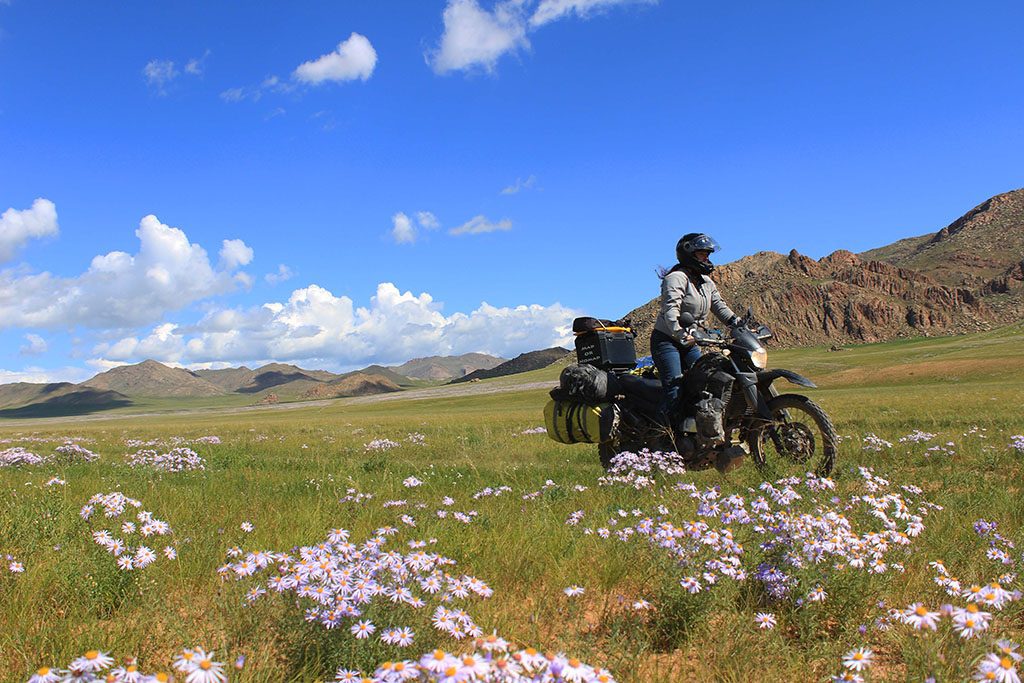 a female rider travelling through a field of grass on her motorcycle in Mongolia