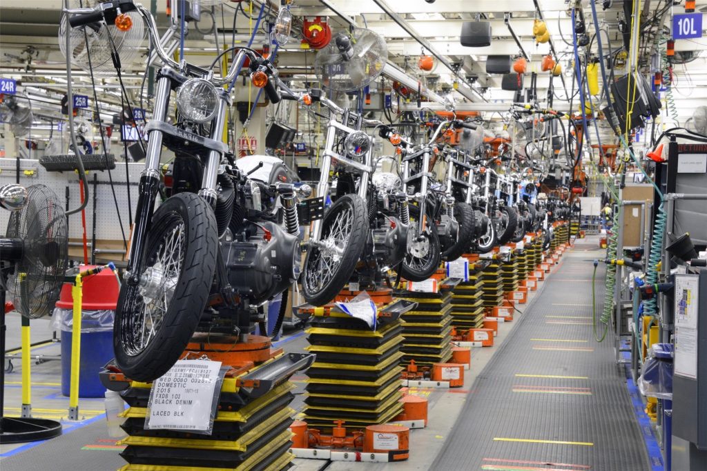 A lineup of Harley bikes at a production plant waiting for the next step in the process. Photo courtesy of Motorcycle.com. 