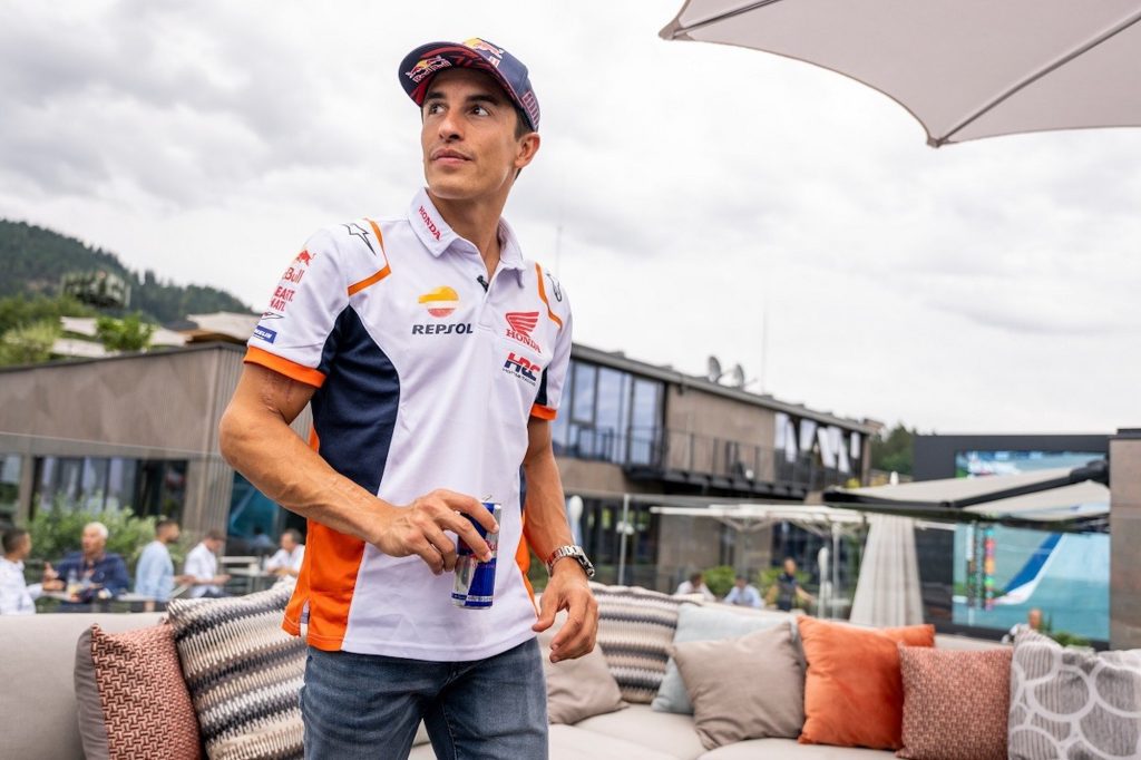Marc Marquez with a can of RedBull. Media sourced from Motorcycle Sport.