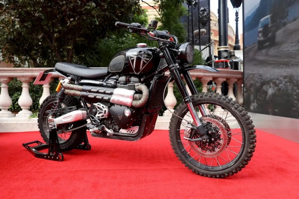 The James Bond Triumph Scrambler 1200 XE that was used in the hit movie, "No Time to Die" (2022). Media sourced from Motor Biscuit. 