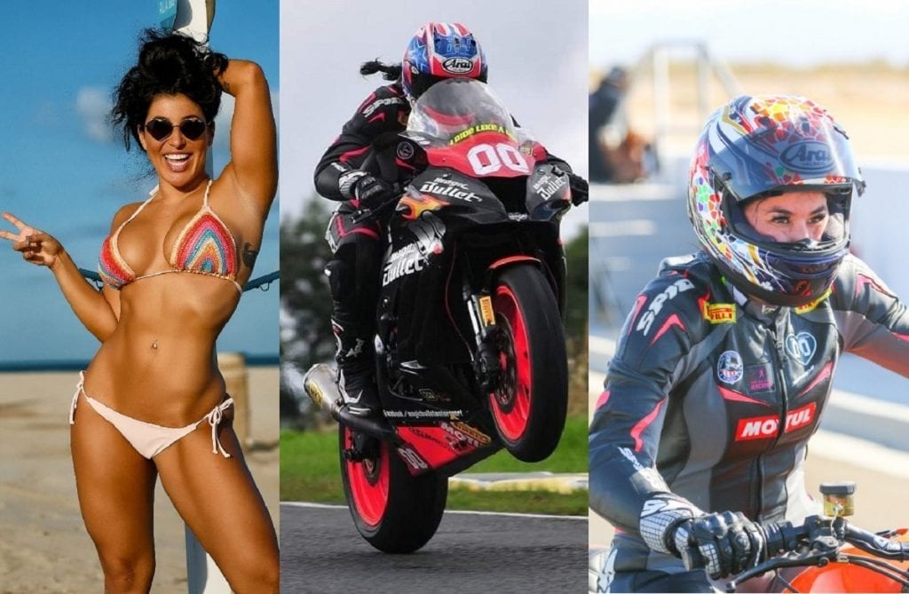 A three-part photo: Patricia Fernandez in a bikini, on a super bike, and in full leathers.