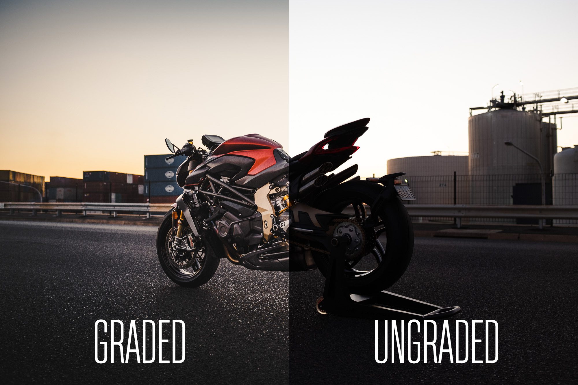 a comparison between a graded and ungraded photo of a motorcycle at sunset