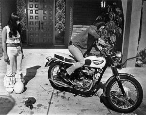 Sonny Bono and Cher with Triumph Bonneville