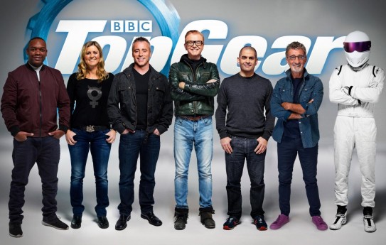 Top Gear line-up: Chris Evans, Formula 1 commentator Eddie Jordan, German racing driver Sabine Schmitz, motoring journalist Chris Harris, actor Matt LeBlanc and car reviewer Rory Reid with the Stig