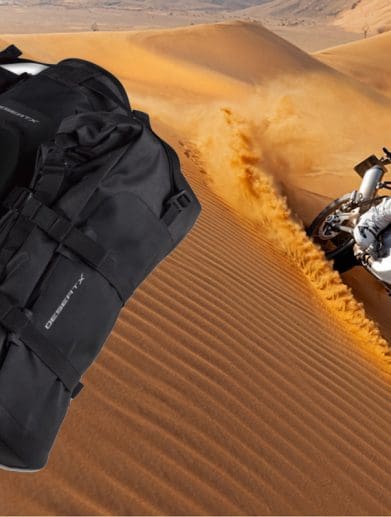 Ducati's DesertX next to a pair of soft side bags. Media sourced from Ducati and Ducati's gear page.