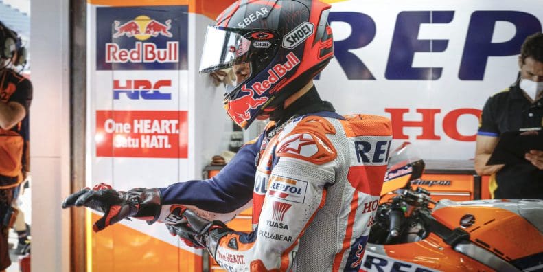 Marc Marquez on the MotoGP track. Media sourced from SpeedCafe.