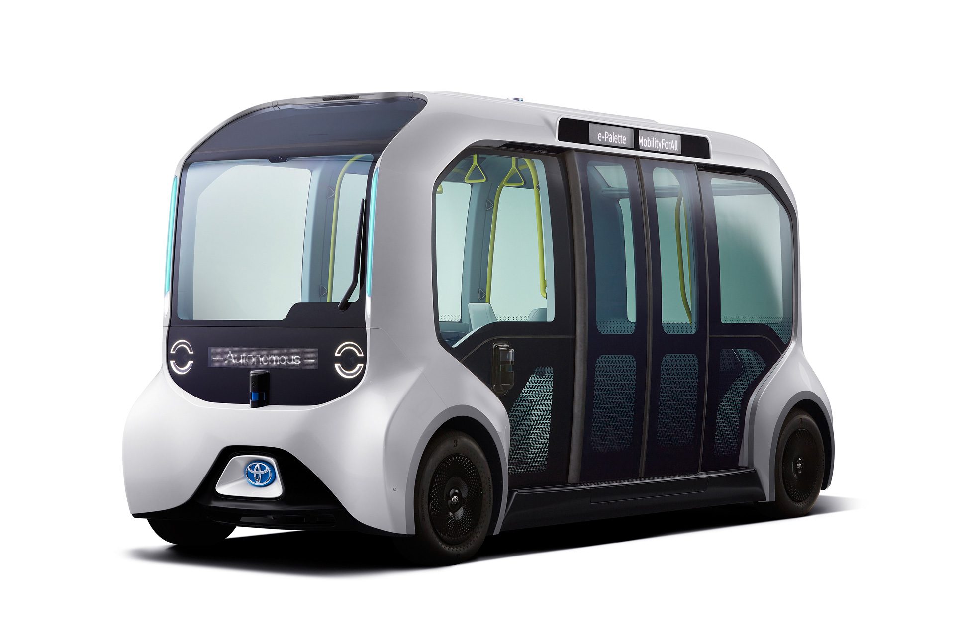 A view of The 2021 Toyota e-Palette electric mini-bus, which includes Honda CASE integration