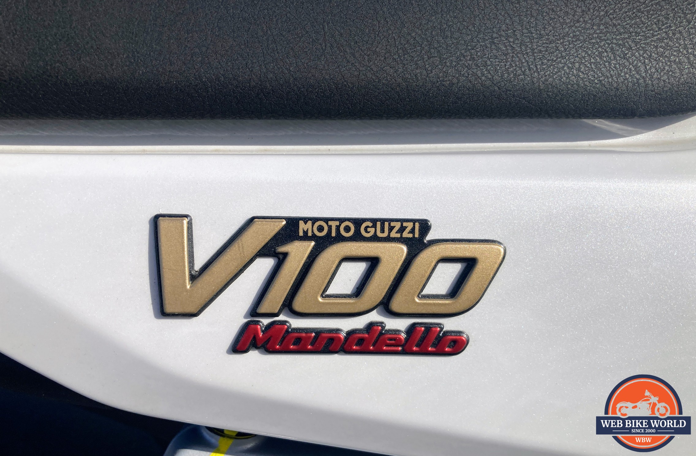 Closeup of the V100 Mandello logo