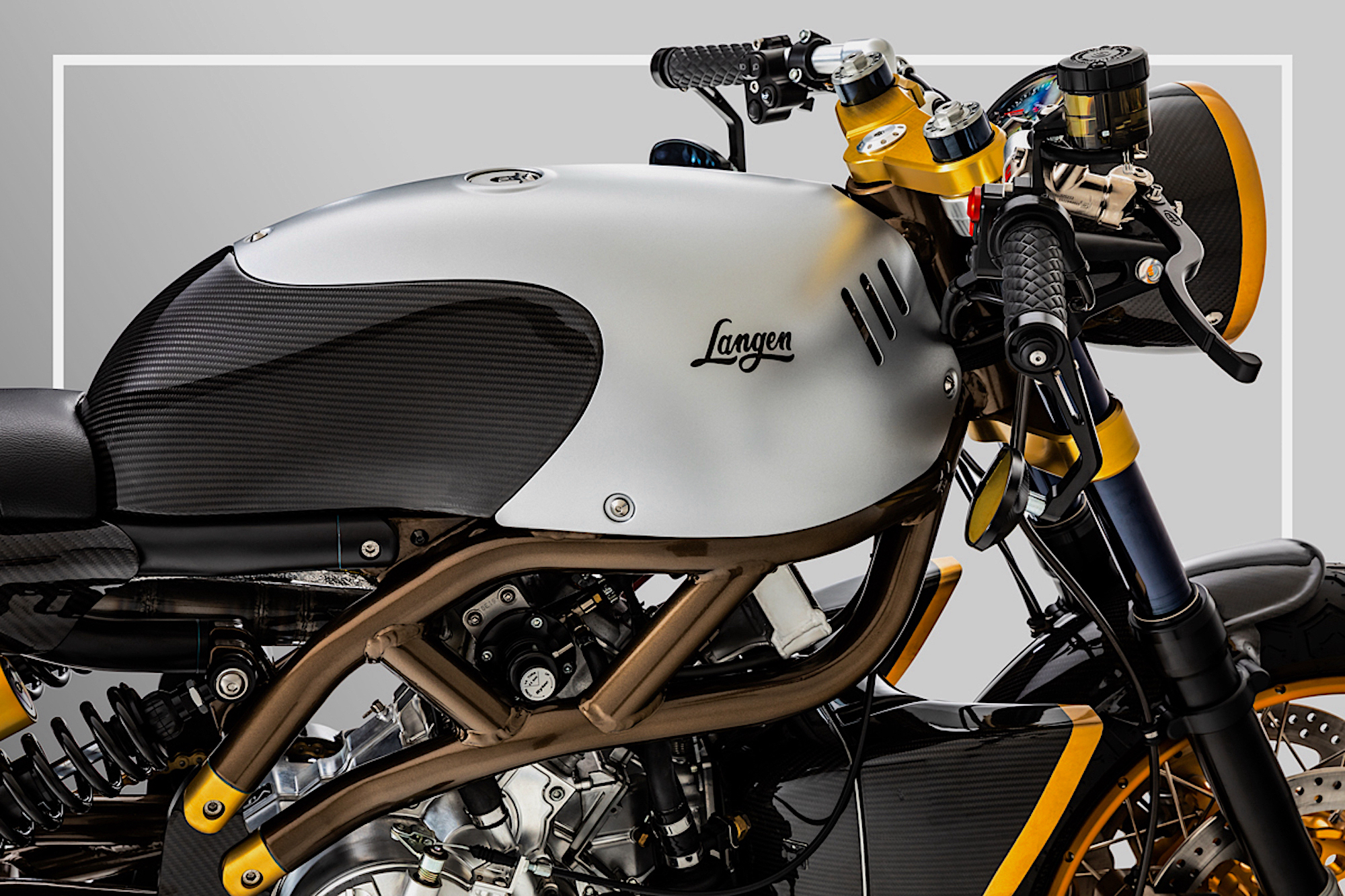 A view of Langen's Two-Stroke machine, representing the hinted vestiges of a new mystery build from the brand. Media sourced from Langen Motorcycles.