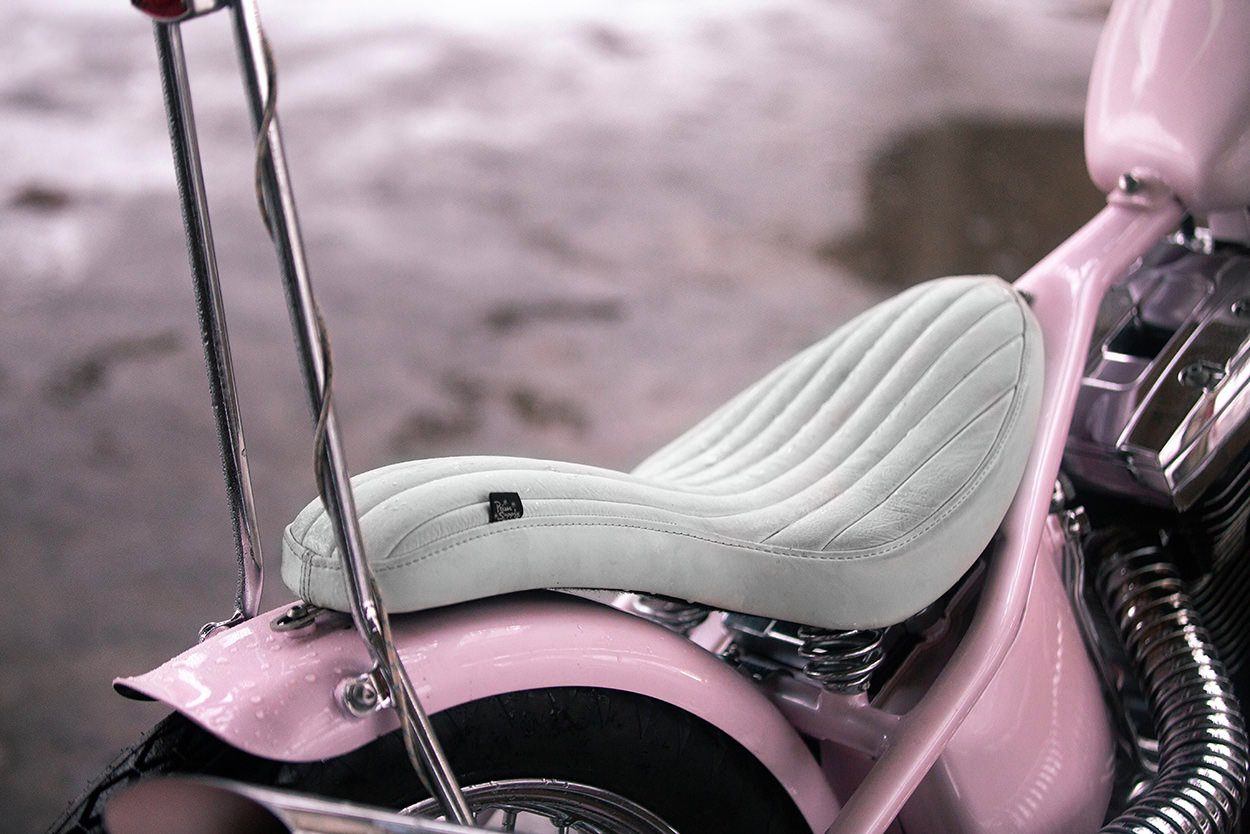 A custom seat on a Harley-Davidson Chopper motorcycle by Prism Supply